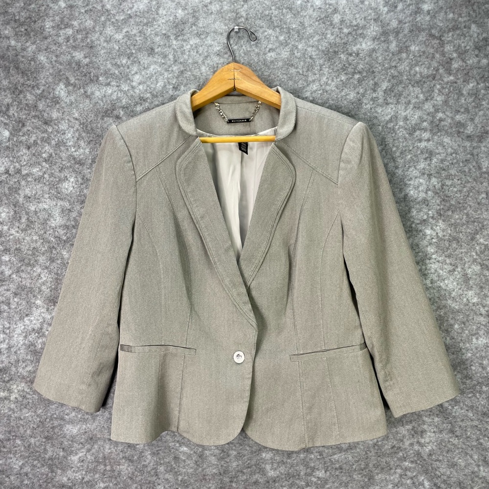 White House Black Market Blazer Womens 14 Gray Check 1 Button Lined 3/4 Sleeve